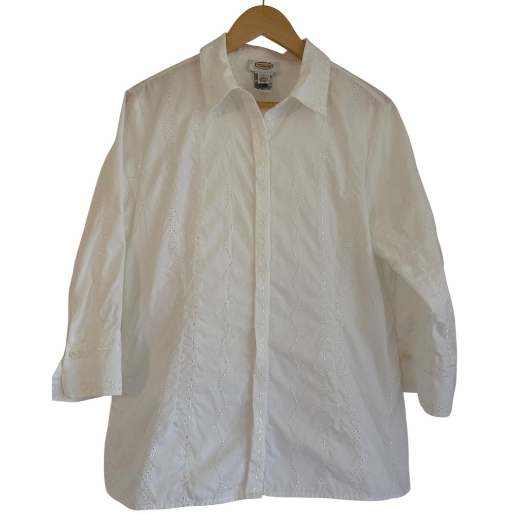 Talbots White Eyelet Embroidered Cotton Button Down Shirt 3/4 Sleeve Womens L